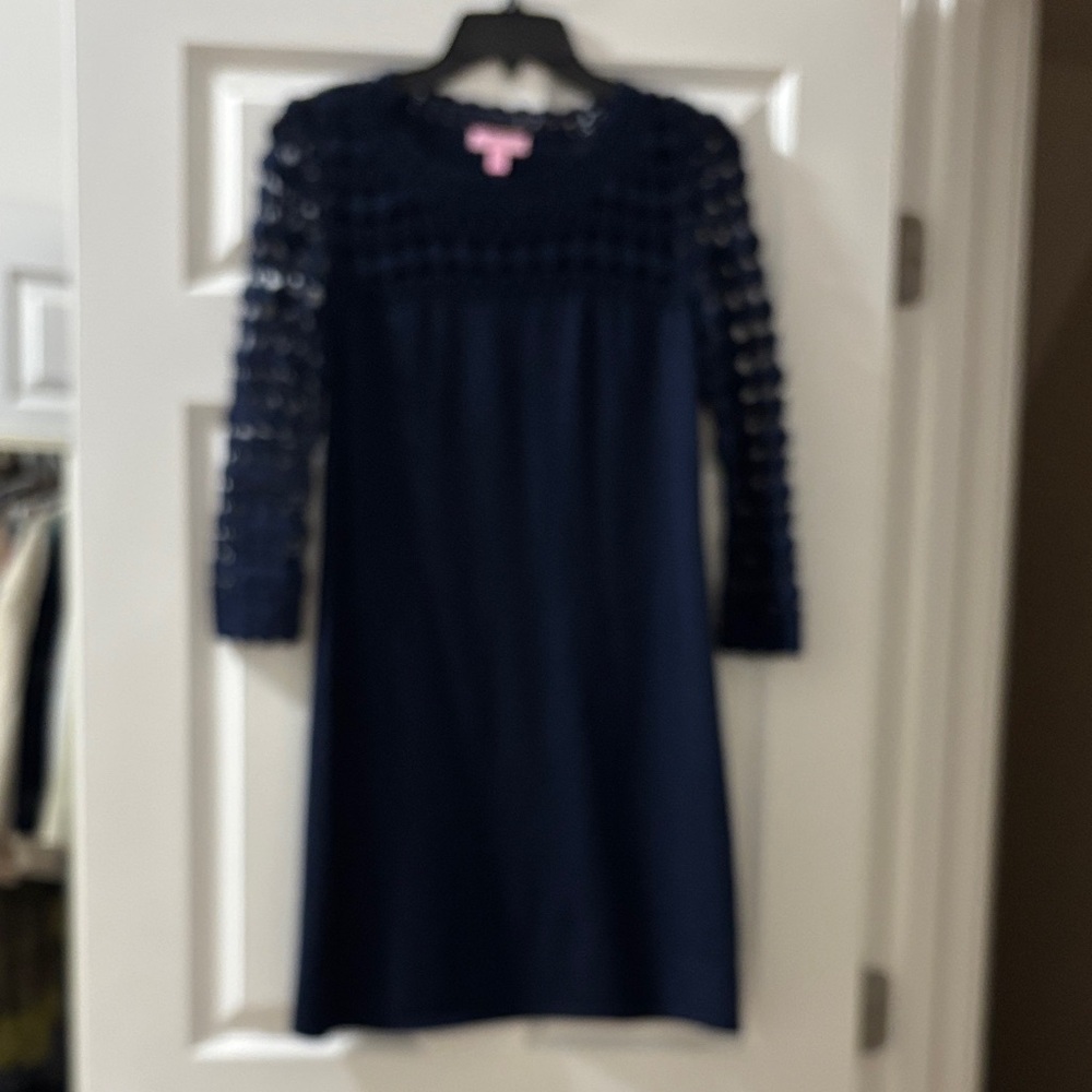Lilly Pulitzer Navy Blue merino wool and crochet dress